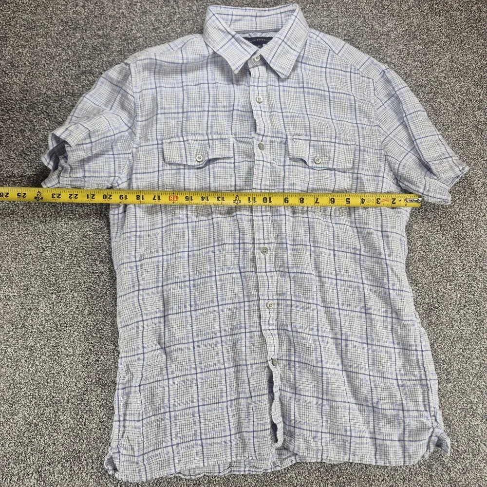 Banana Republic‎ Linen Button Up Shirt Men's Medium Blue Plaid Short Sleeve